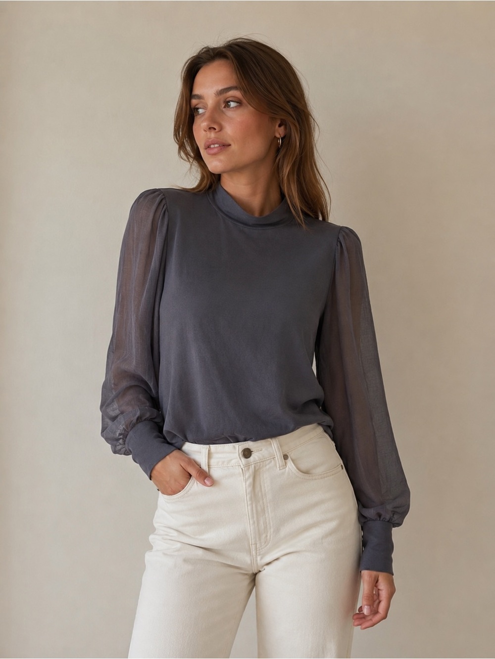 LOFT Charcoal Gray Mock Neck Long-Sleeve Top